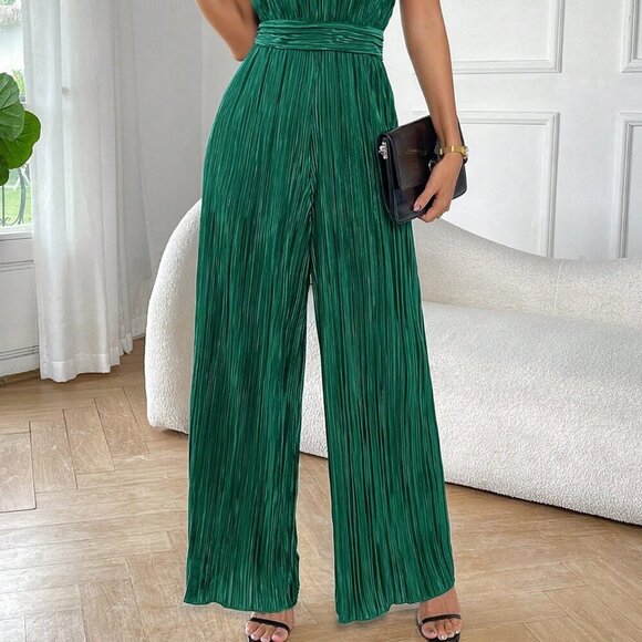 Green  Women's Sleeveless Halter Neck Wide Leg Jumpsuit - Picture 5 of 7